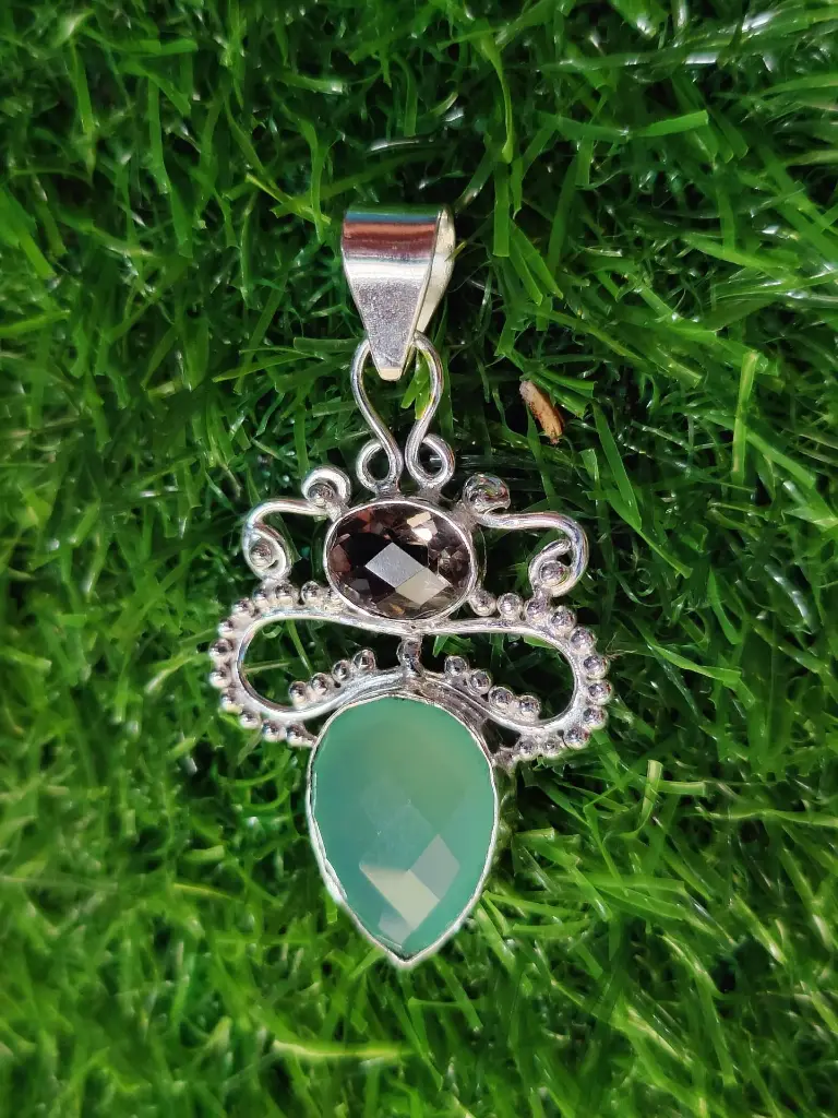 Aqua Chalcedony & Smoky Quartz Silver Pendant